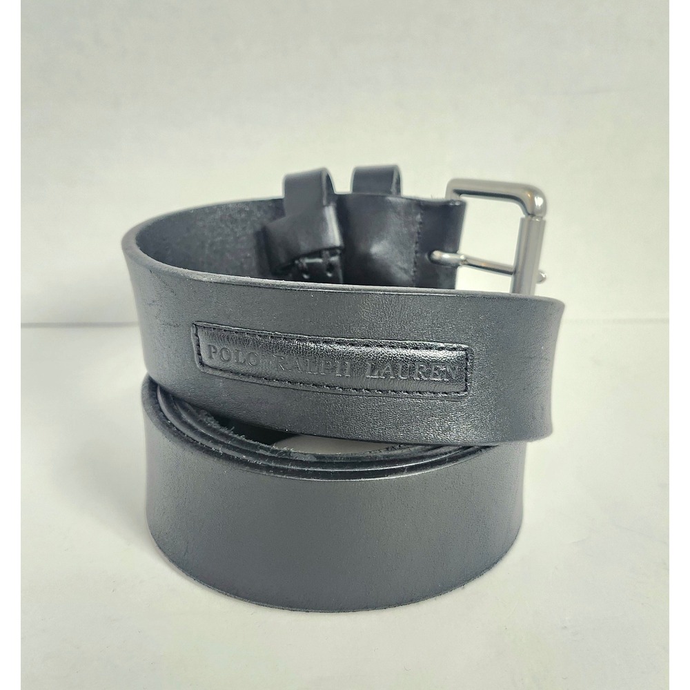 Polo Ralph Lauren Mens Black Leather Belt Silver Roller Buckle Logo Patch